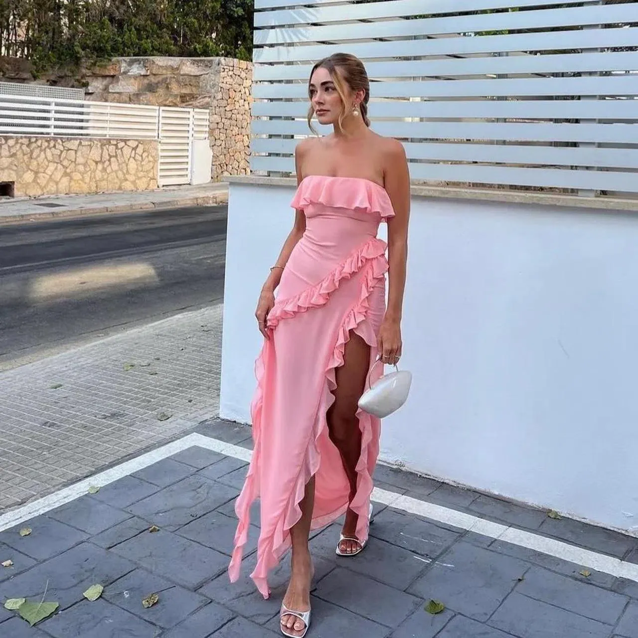 house of cb pink ruffle dress Clothing : Maxi Dresses : 'Gabriella' Soft Peach Ruffled Front Gown