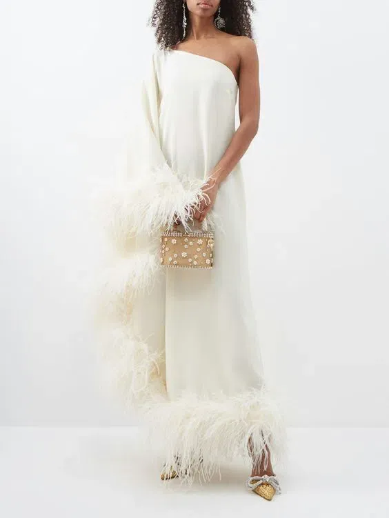 taller marmo ubud one-shoulder feather-trimmed dress Taller Marmo Piccolo Ubud feather-trim one-shoulder Dress | Black