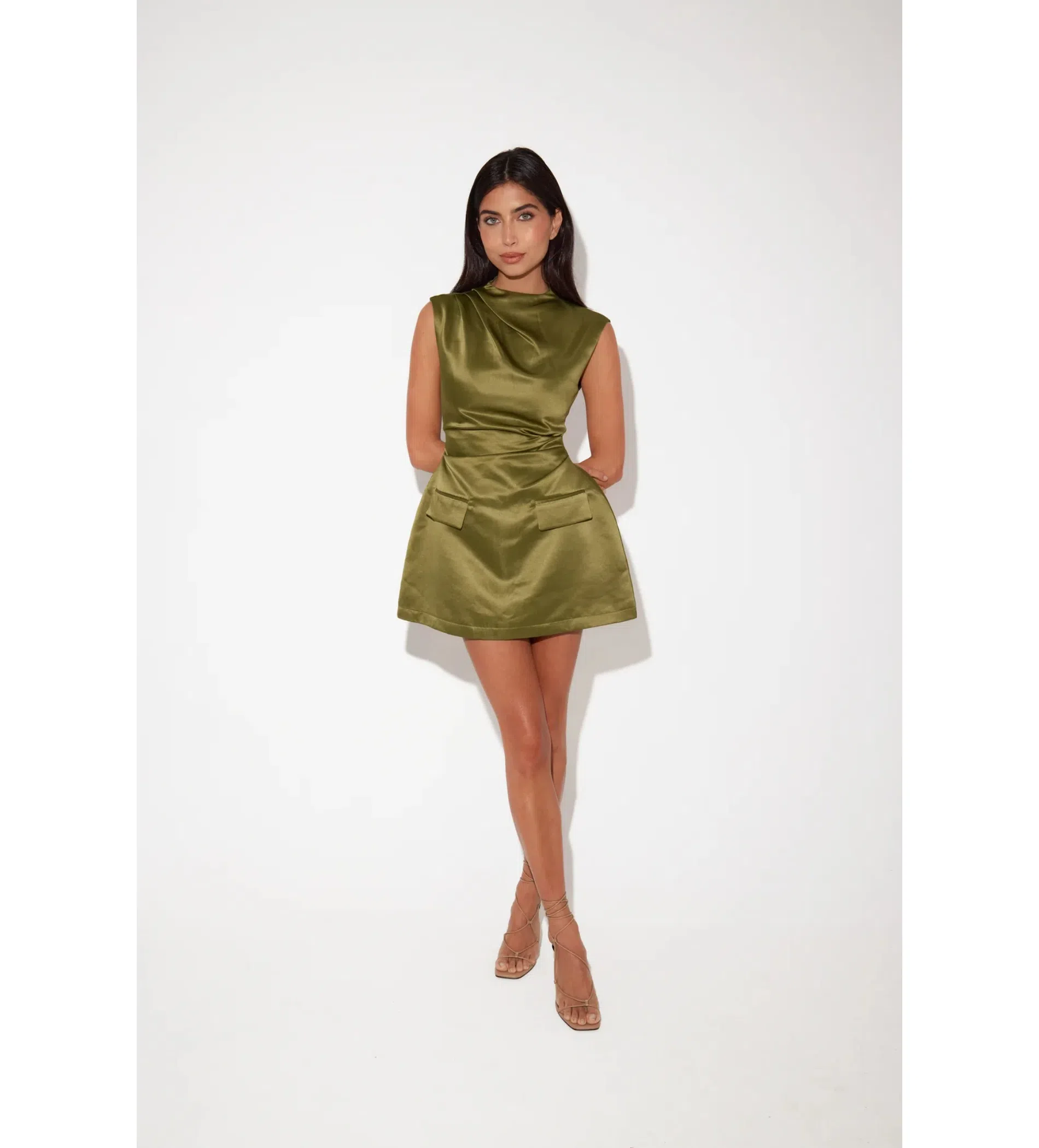 Odd Muse The Ultimate Satin Straight Neck Mini Dress in Olive Size AU