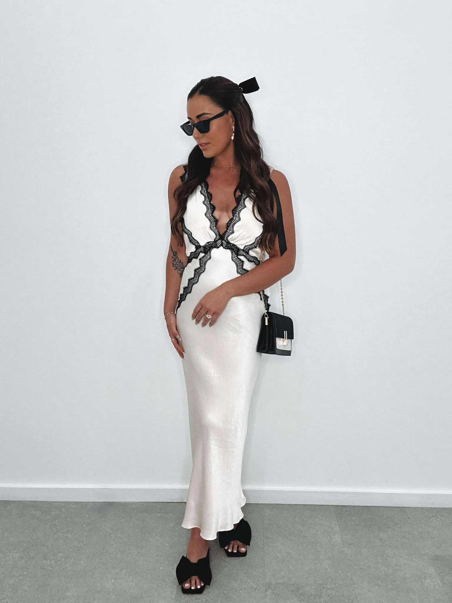 Shona Joy Camille Lace Cross Back Midi Dress in Cream/Black Size 10 | The  Volte