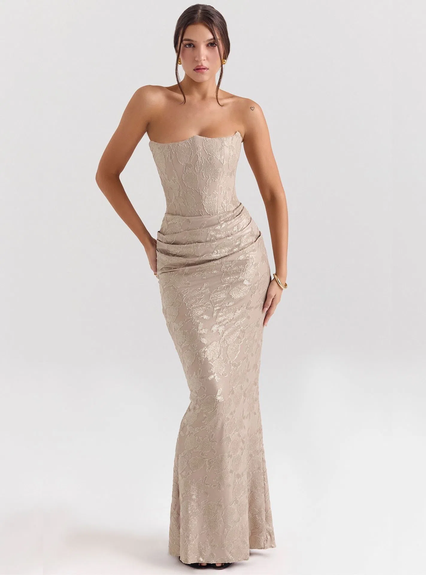 House of CB Persephone Chiffon Mesh Strapless Corset Maxi Dress Pale Gold Size S / AU 8 | The Volte House of CB Persephone Chiffon Mesh Strapless Corset Maxi Dress Pale Gold Size S / AU 8 | The Volte
