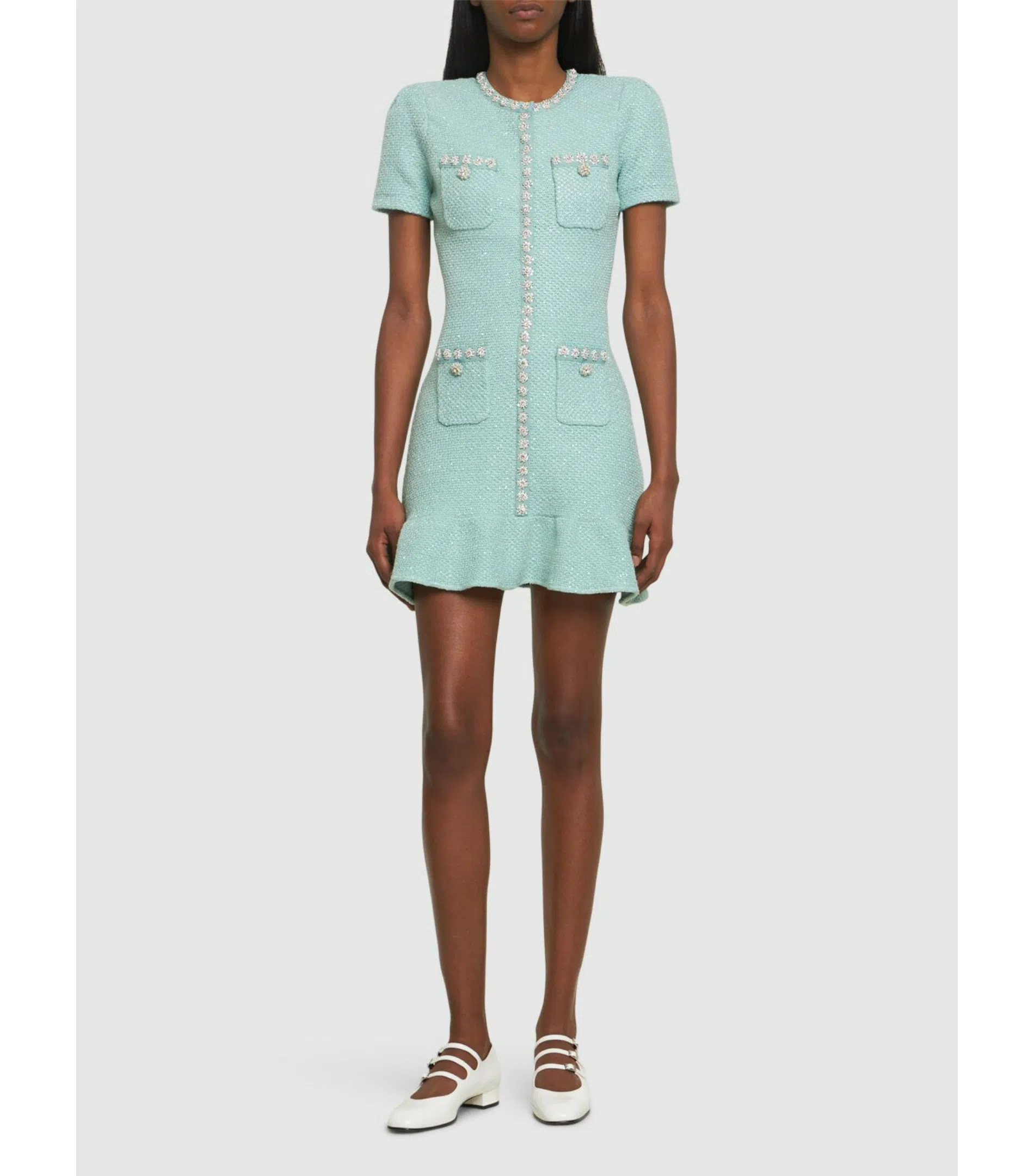 Self Portrait Tweed Embellished Mini Dress Green Size AU 8 | The Volte