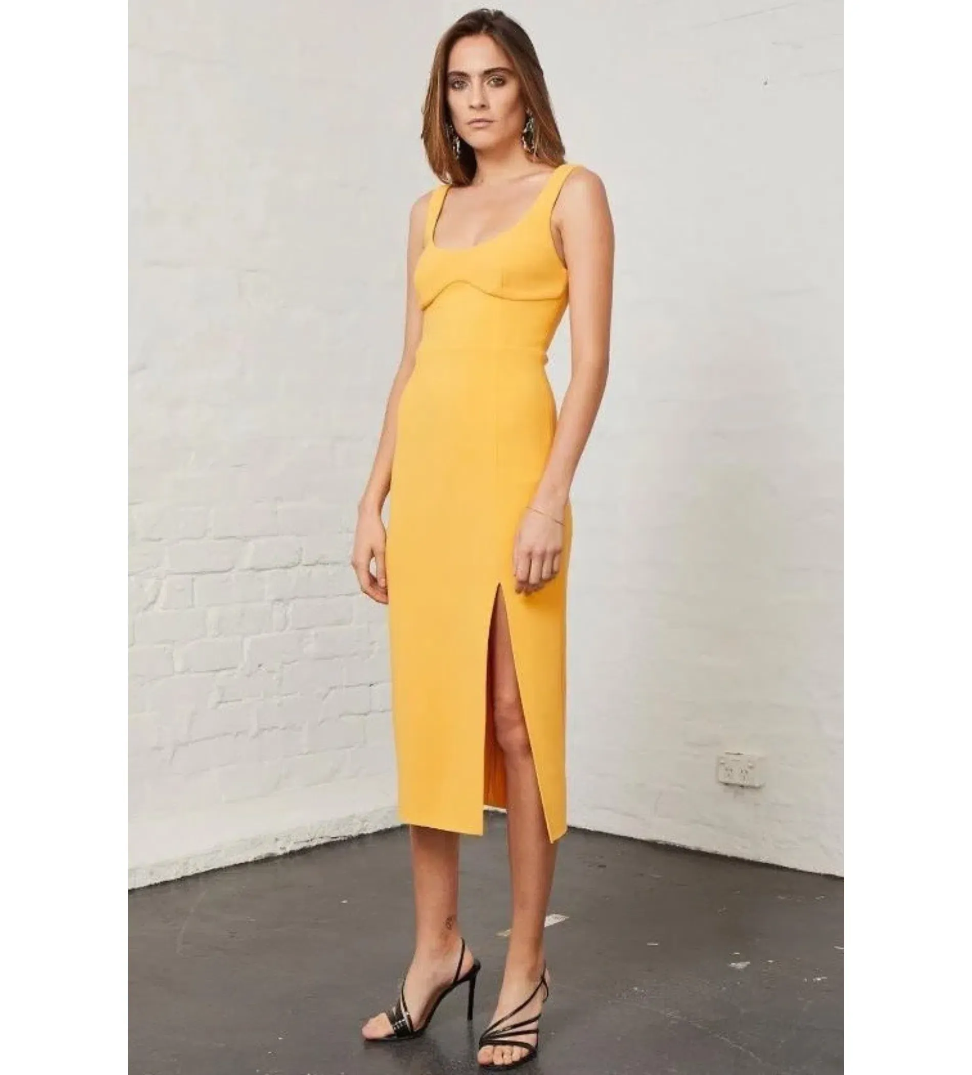 Bec and Bridge Elle Midi Dress Mango Yellow Size AU 12