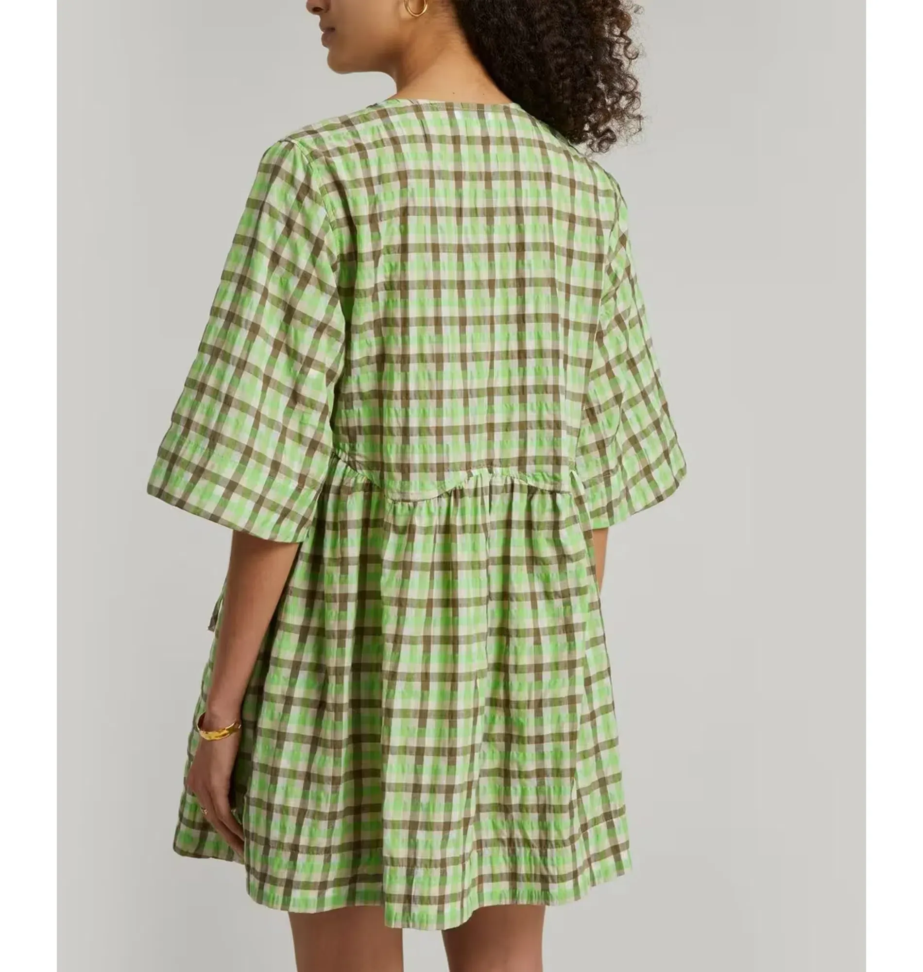 ganni seersucker check dress green Wrap Size UK 8 sleeve_long