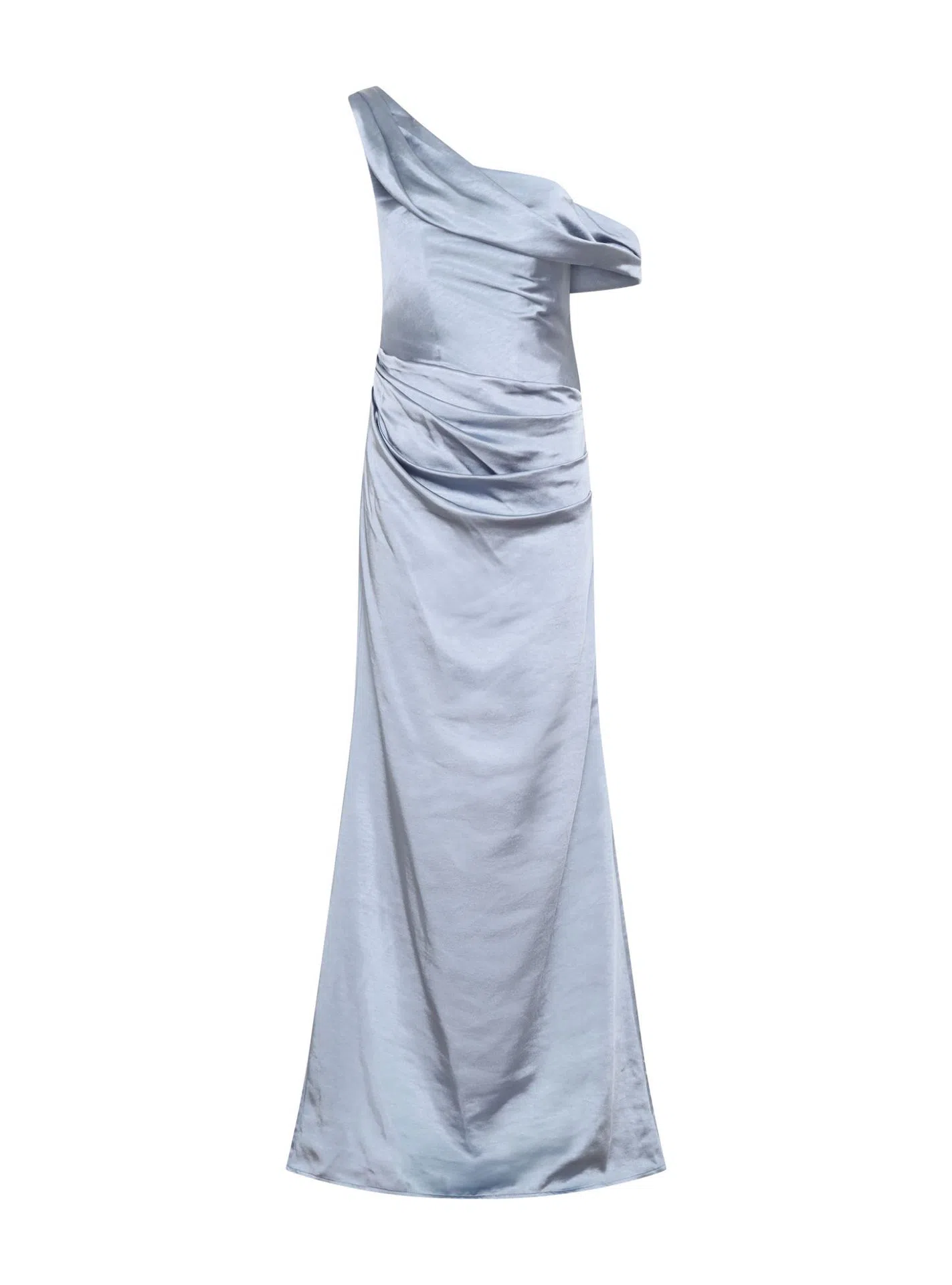 fitted lace wedding dress Dalia Off Shoulder Satin Maxi Dress / Frosted Blue | Meshki main image 1