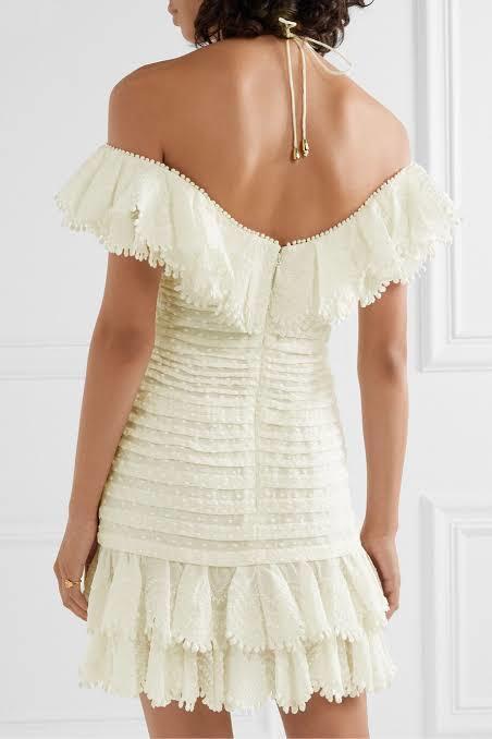 Zimmermann Super Eight Off The Shoulder Ruffled Pleated Mini Dress Ivory  Size 0 / AU 8 | The Volte