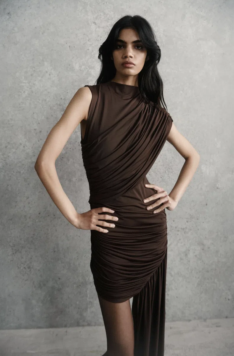 De La Vali Ravenna Draped Jersey Mini Dress in Chocolate Brown Size AU 8 |  The Volte