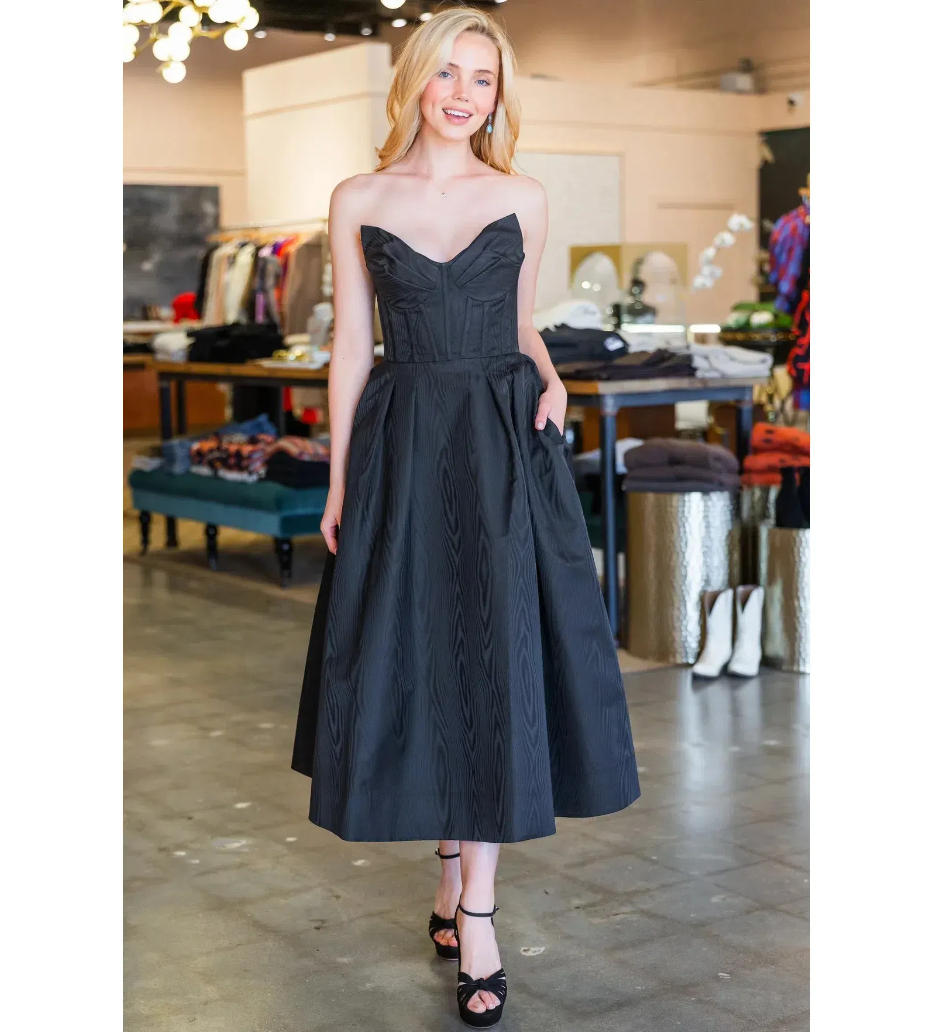 rebecca vallance luiza pleated strapless midi dress REBECCA VALLANCE