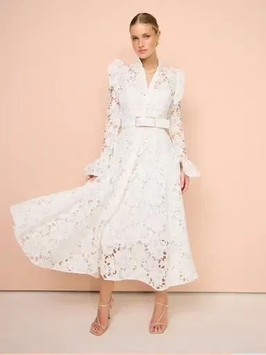 leo lin aliyah lace butterfly sleeve midi dress Leo Lin Blue Aliyah Lace Butterfly-Sleeve Midi Dress