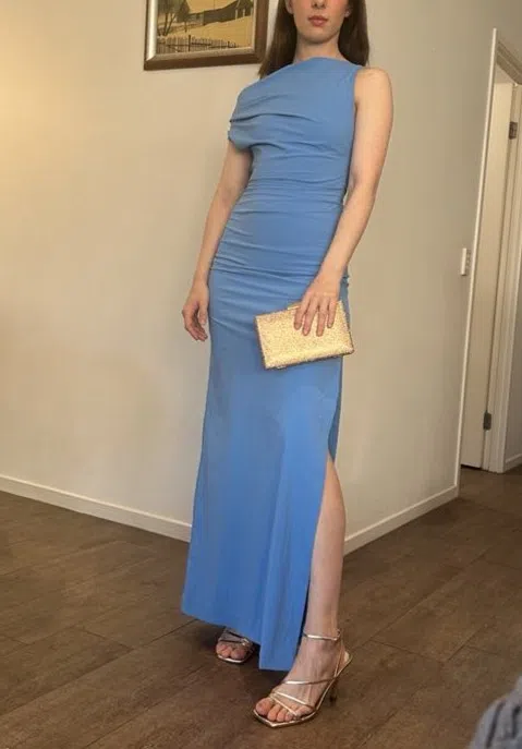 fitted lace wedding dress Angelina Asym Maxi Dress in Mid Blue main image 0