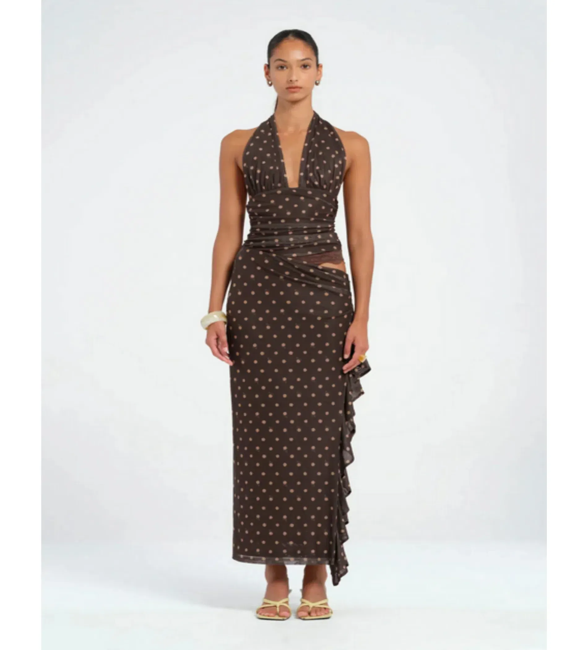 Benni Penelope Maxi Dress in Chocolate Polka Dot Size AU 6 | The Volte