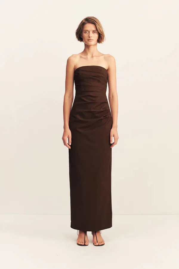 Shona Joy Lani Strapless Draped Maxi Dress Espresso Size AU 14 | The Volte