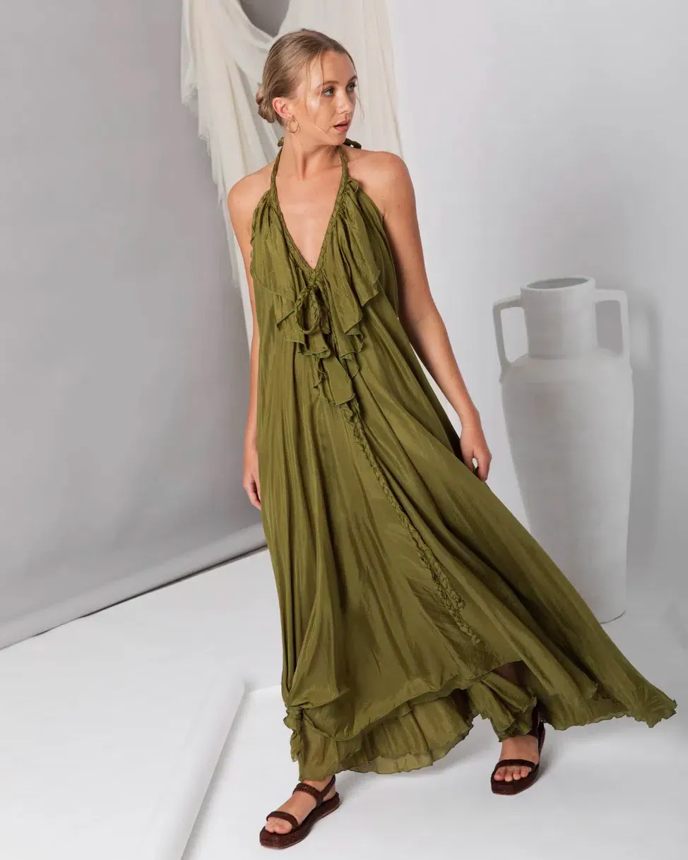 Lisa Brown Poppy Silk Maxi Dress One Size
