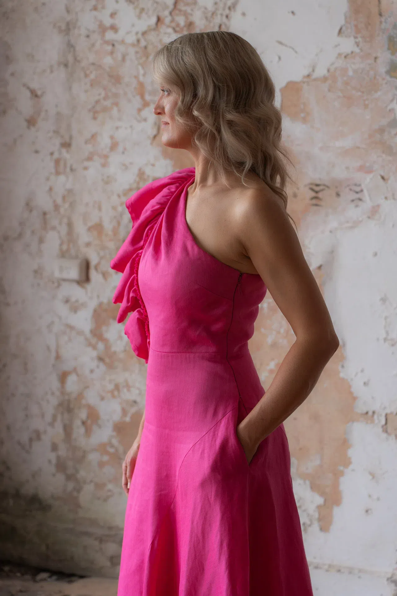Aje Bonjour Asymmetric Midi Dress Fushsia Size 14 | The Volte