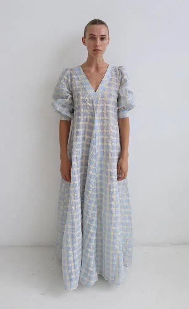 dusk blue bridesmaid dresses Rent The Blue Jacquard Open Back Mini Dress By Ganni