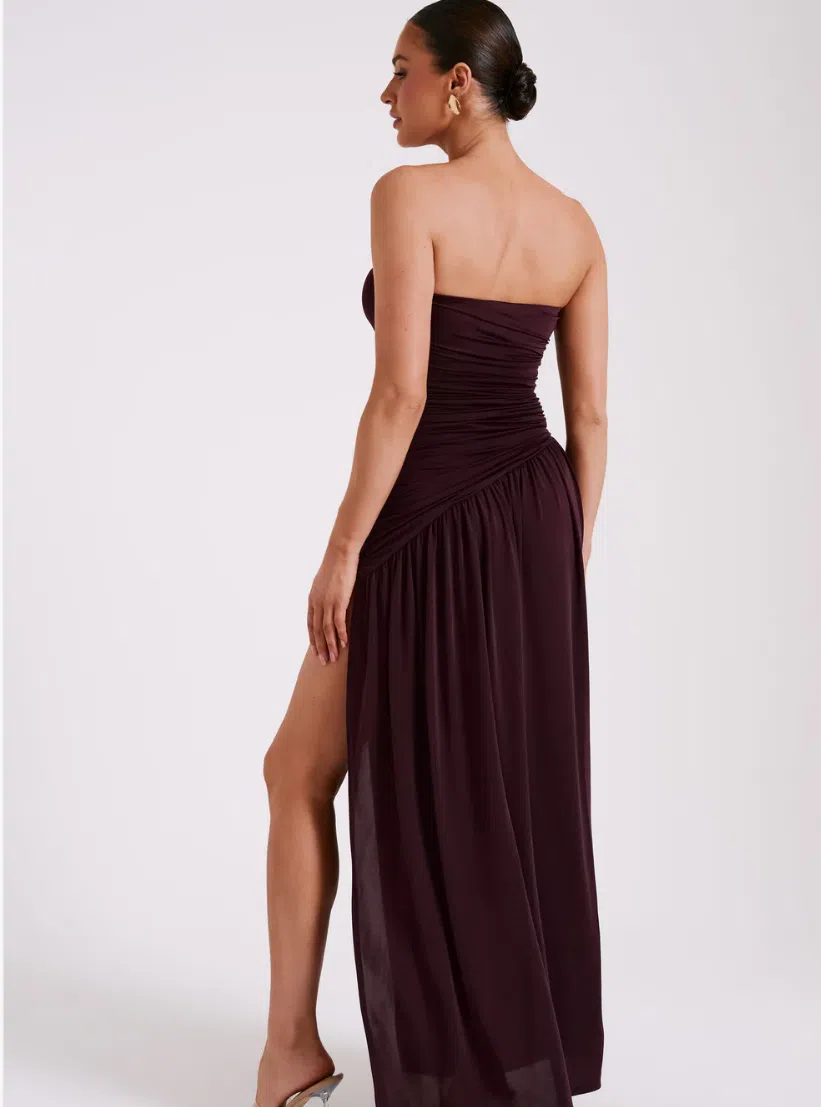 knee length dresses for ladies Bex Strapless Slinky Maxi Dress with Split / Pale Pink | Meshki main image 1