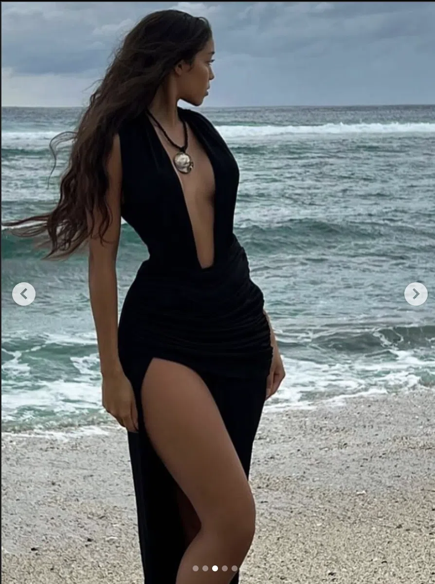 knee length dresses for ladies Modal Plunge Neck Long Sleeve Maxi Dress in Black - XXS main image 1