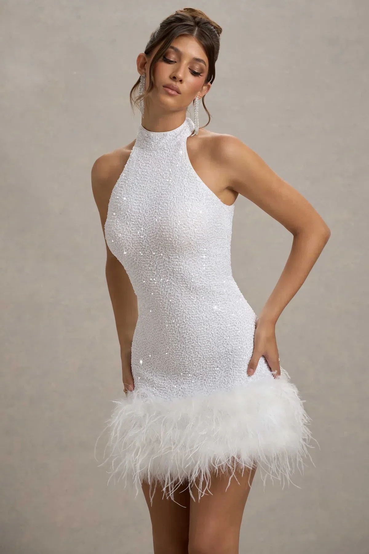 Club London LUMI White Sequin High-Neck Feather Trim Mini Dress 6