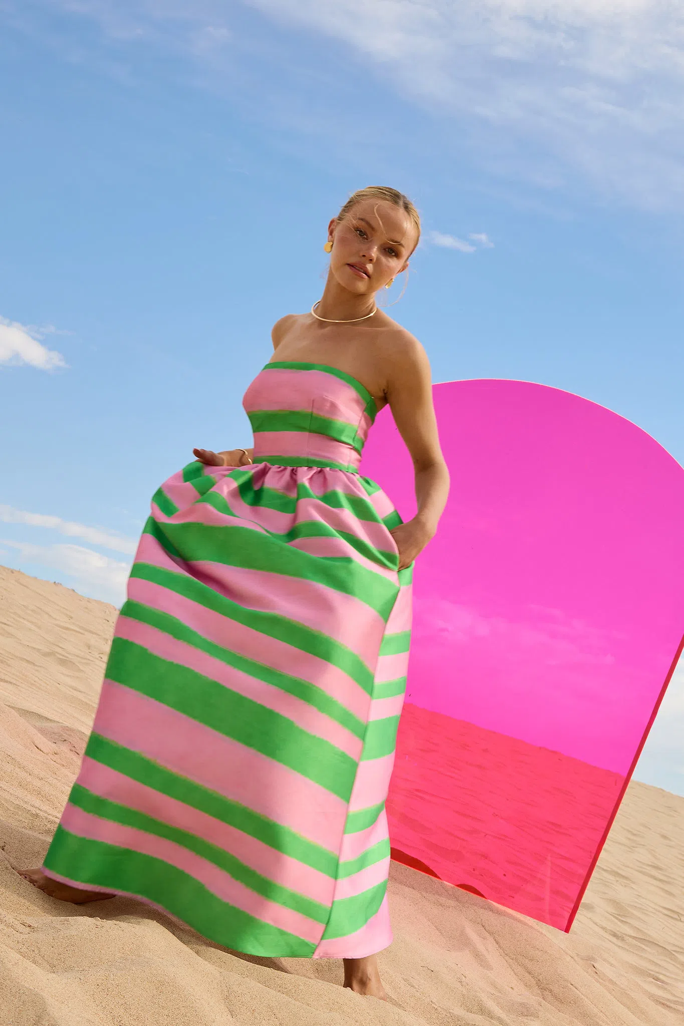 Pasduchas Gigi Strapless Midi Dress in Watermelon Green/Pink Stripe Print  Size 12 | The Volte