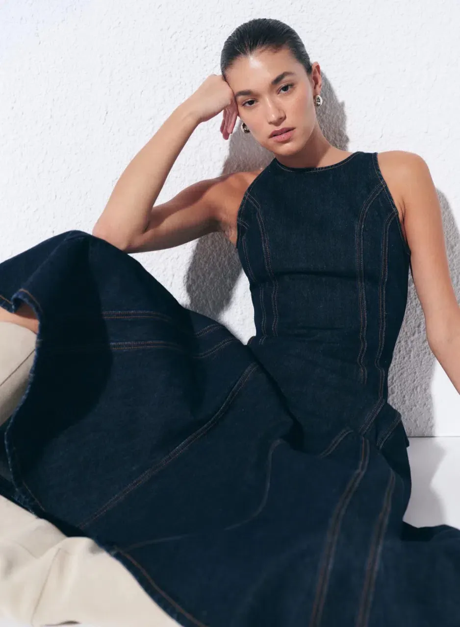 anna quan denim dress Bianca Indigo 8 AU listprice:6000 the clean A Women's Cream Brushed Asymmetric COLOUR:Brown Floral
