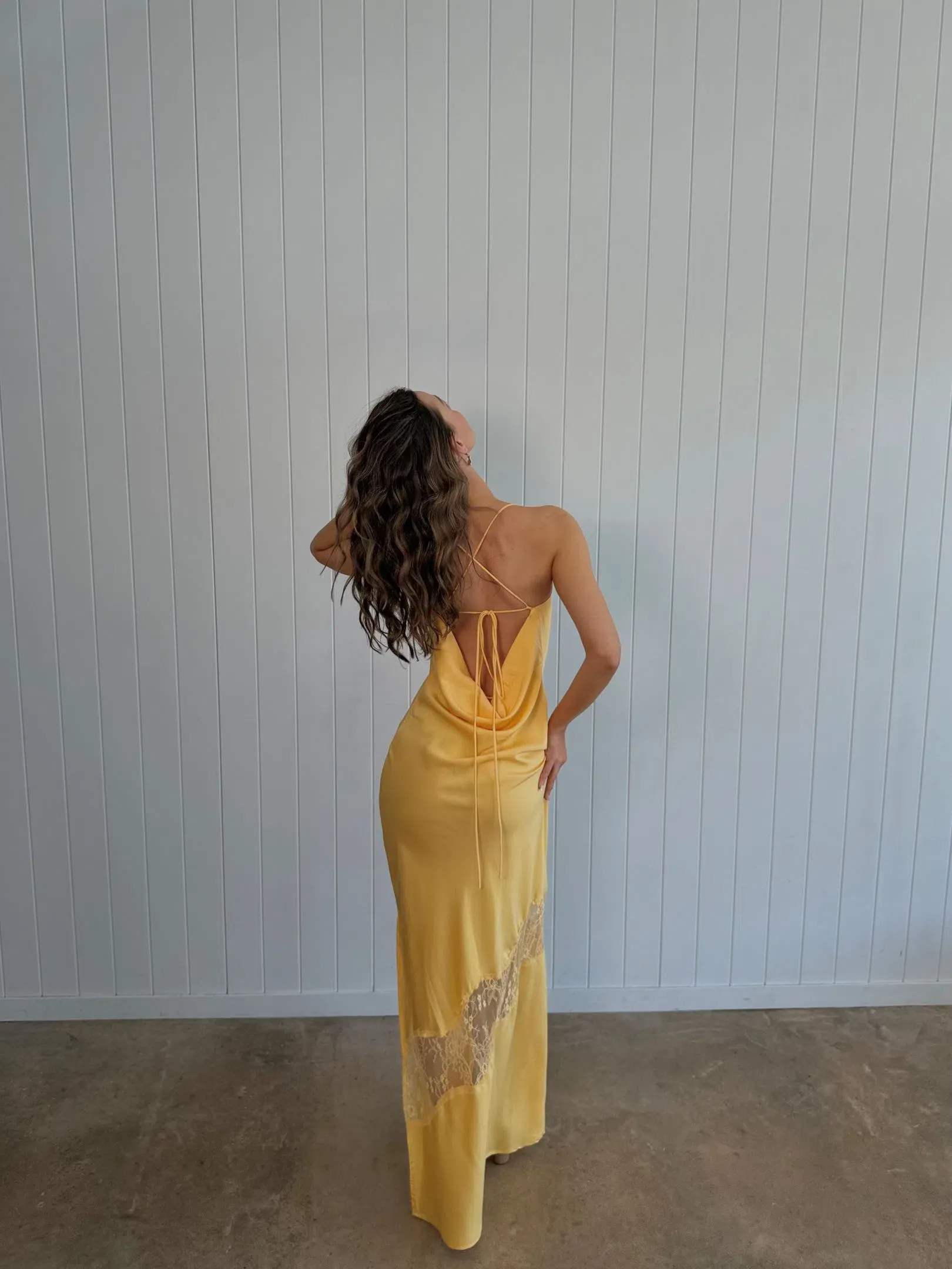 chandra lace detail satin maxi dress lemon Meshki Chandra Lace Detail Satin Maxi Dress Lemon Size XS / AU 6