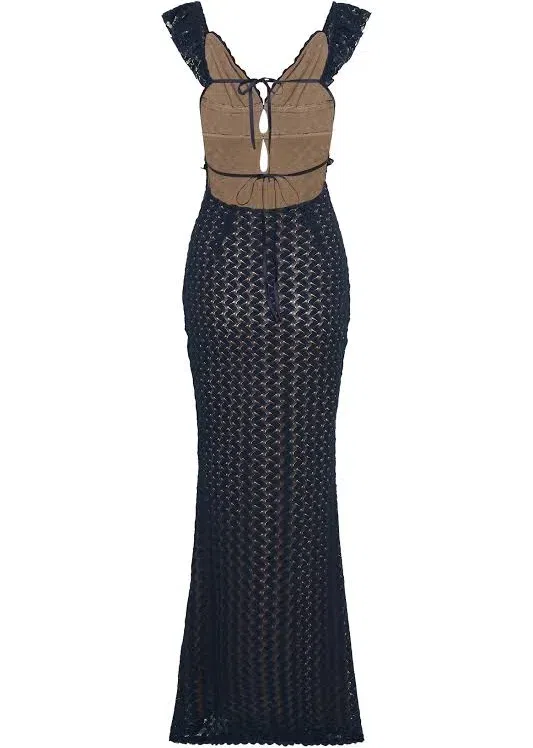 pleated lace maxi dress Gemy Beige Floral Pleated Lace Maxi Dress 40 / Beige