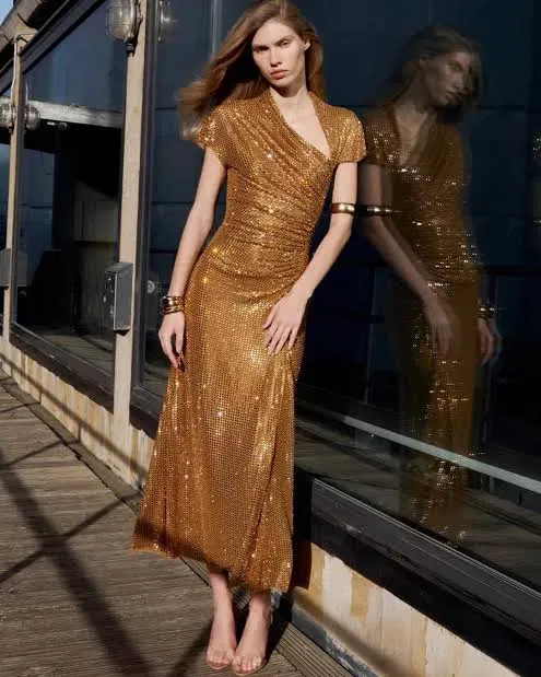 self portrait gold rhinestone drape midi dress Claudia Winkleman Gold Rhinestone Drape Dress Strictly Come Dancing Semi Final 2025 Fashion You Really Want