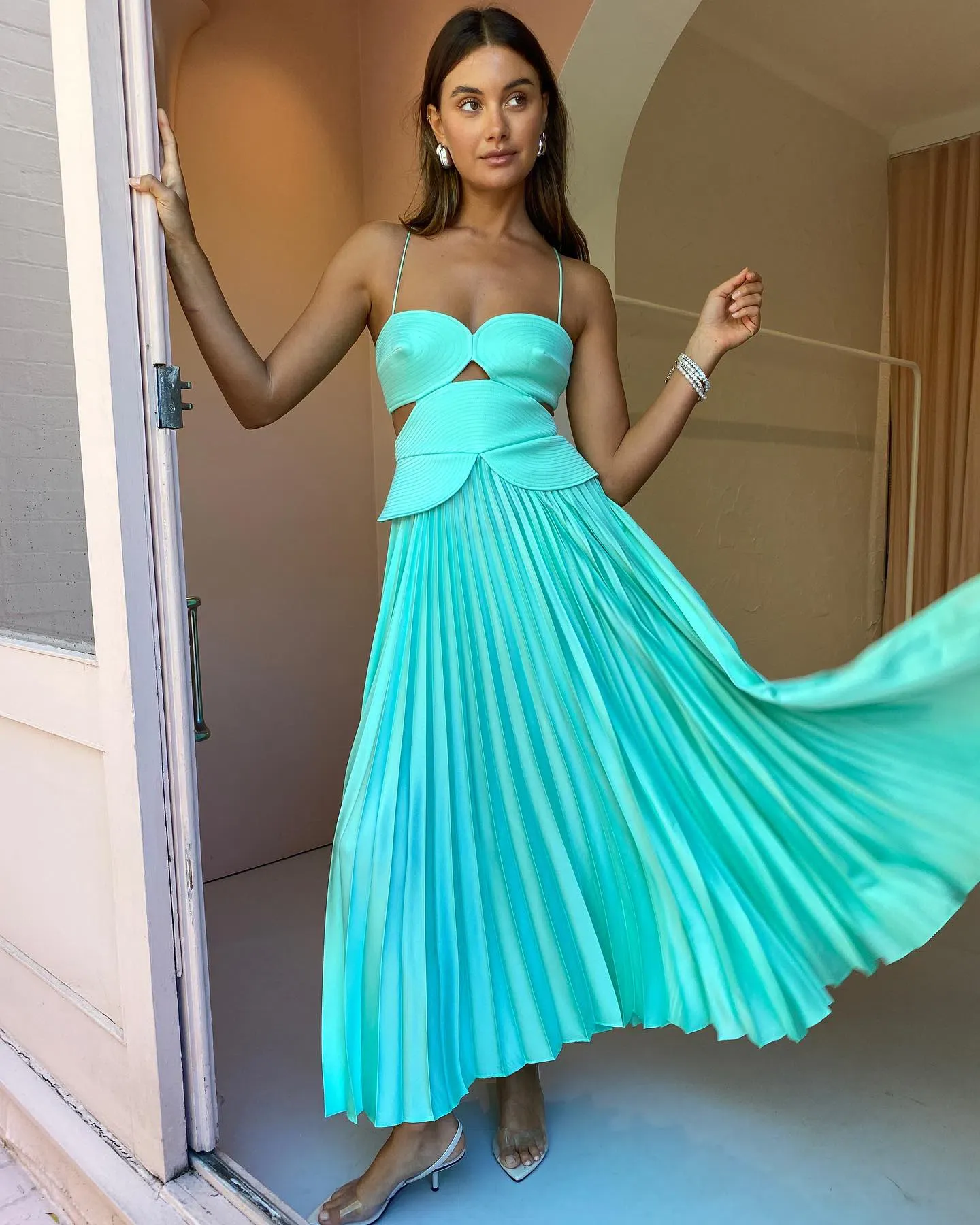 acler atholton midi dress in arctic mint @Paniaguakarla wears the Atholton Midi Dress in arctic mint. Crafted with a structured bodice and signature fluid pleating. , , #Acler