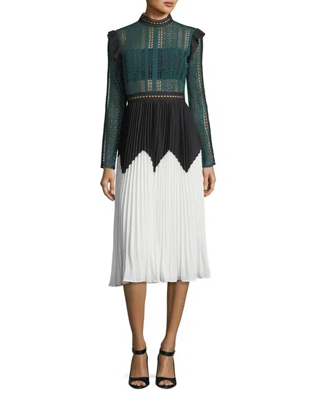 Self Portrait Stripe Panelled Lace Midi Dress Green Size 14 | The Volte