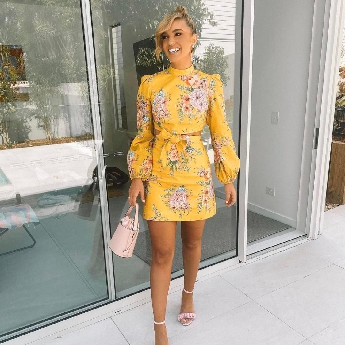 chinese dress ladies Zimmermann Yellow Floral Print Linen Dress with Corset Tie Details Siz –  Sellier