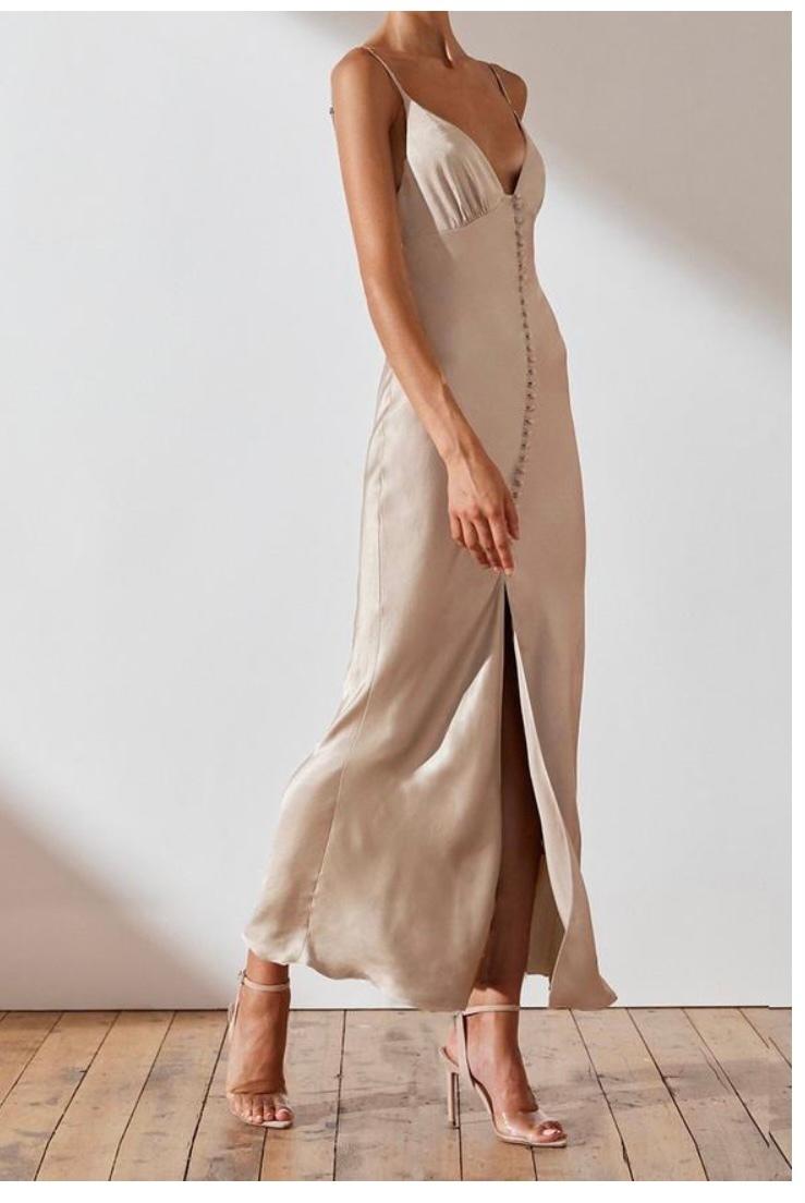 la lune bias slip dress gold La Lune One Shoulder Cowl Back Maxi Dress | Gold | Dresses main image 1