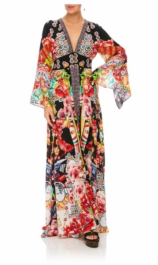 Camilla Painted Land Kimono Sleeve Dress with Shirring Detail Print Si