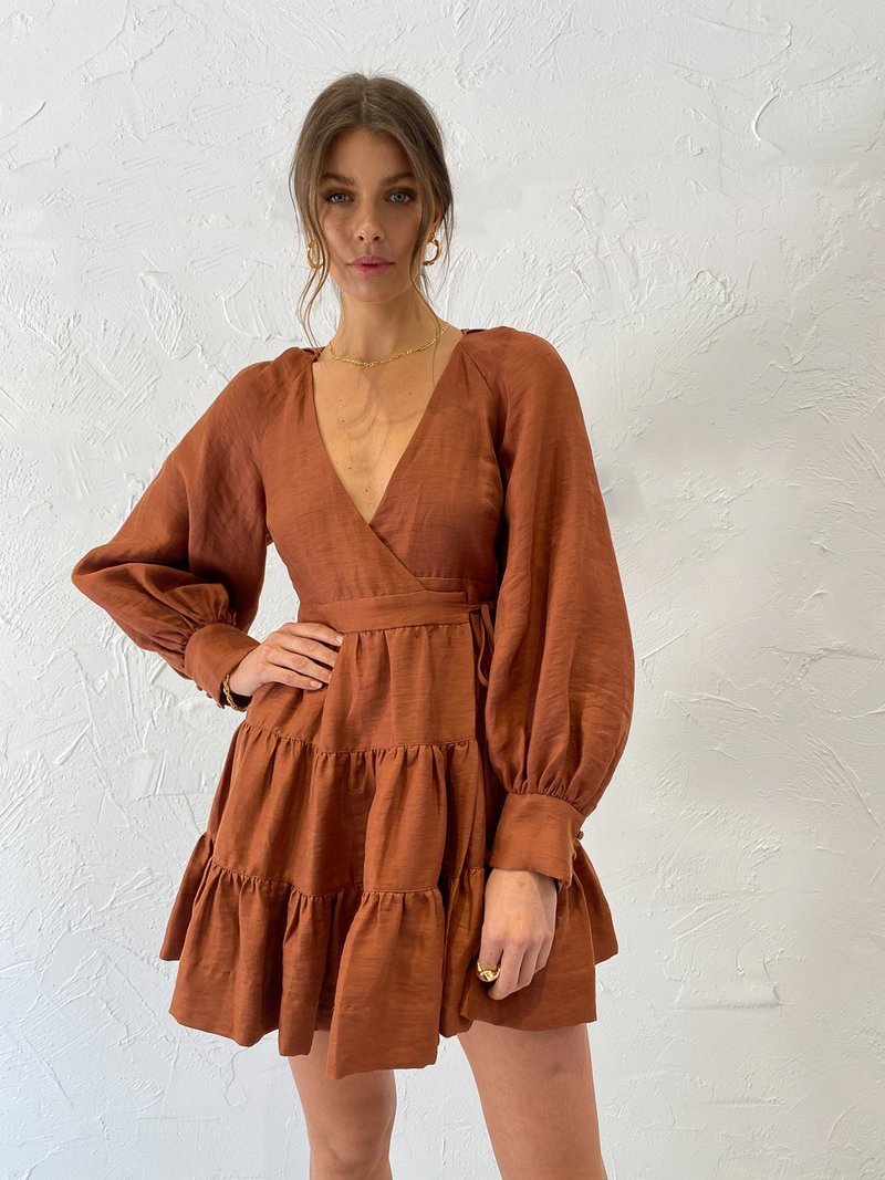 Shona Joy Elsa Linen Wrap Mini Dress Orange Size 12