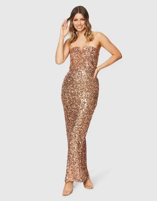 aje gold sequin dress Halo Midi Sequin Dress-CHOCOLATE / 4