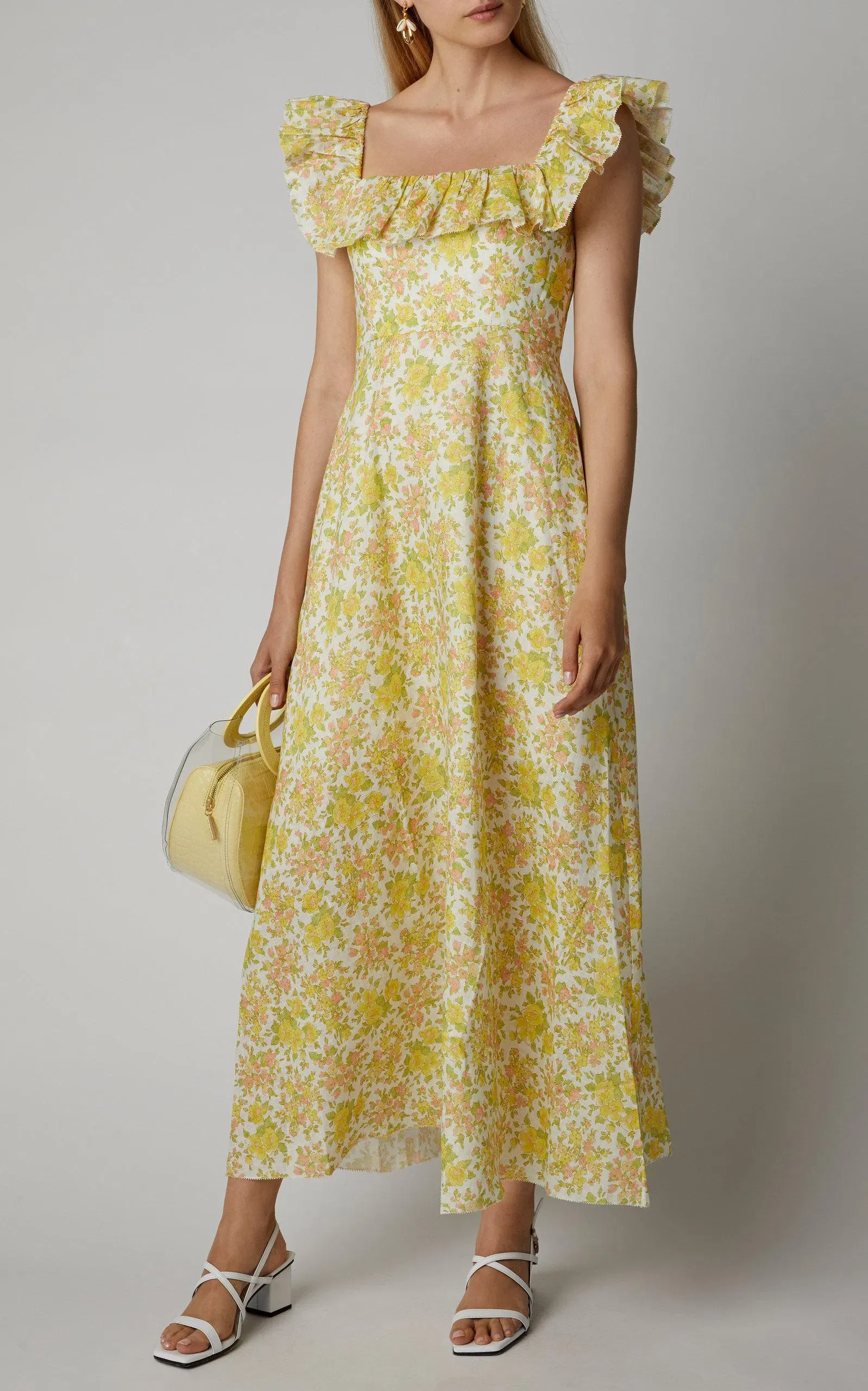 goldie ruffle neck long dress alice + olivia Gemma Ruffled Floral Maxi Dress, Butter, Women's, 6, Casual & Work Dresses Maxi Dresses