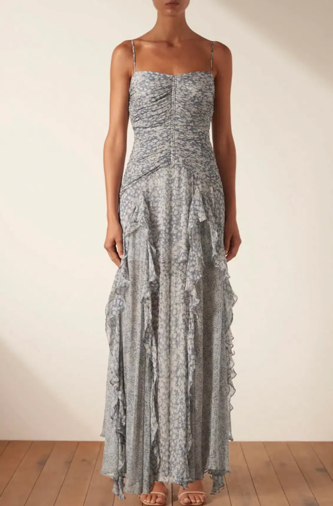 shona joy candice ruched frill dress Shona Joy Candice Ruched Frill Maxi Dress Print Size 8