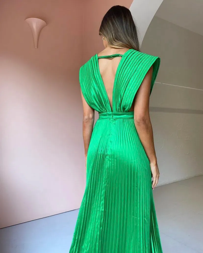 green emerald velvet dress Parina | Light Green Strappy Volume-Hem Midi Dress