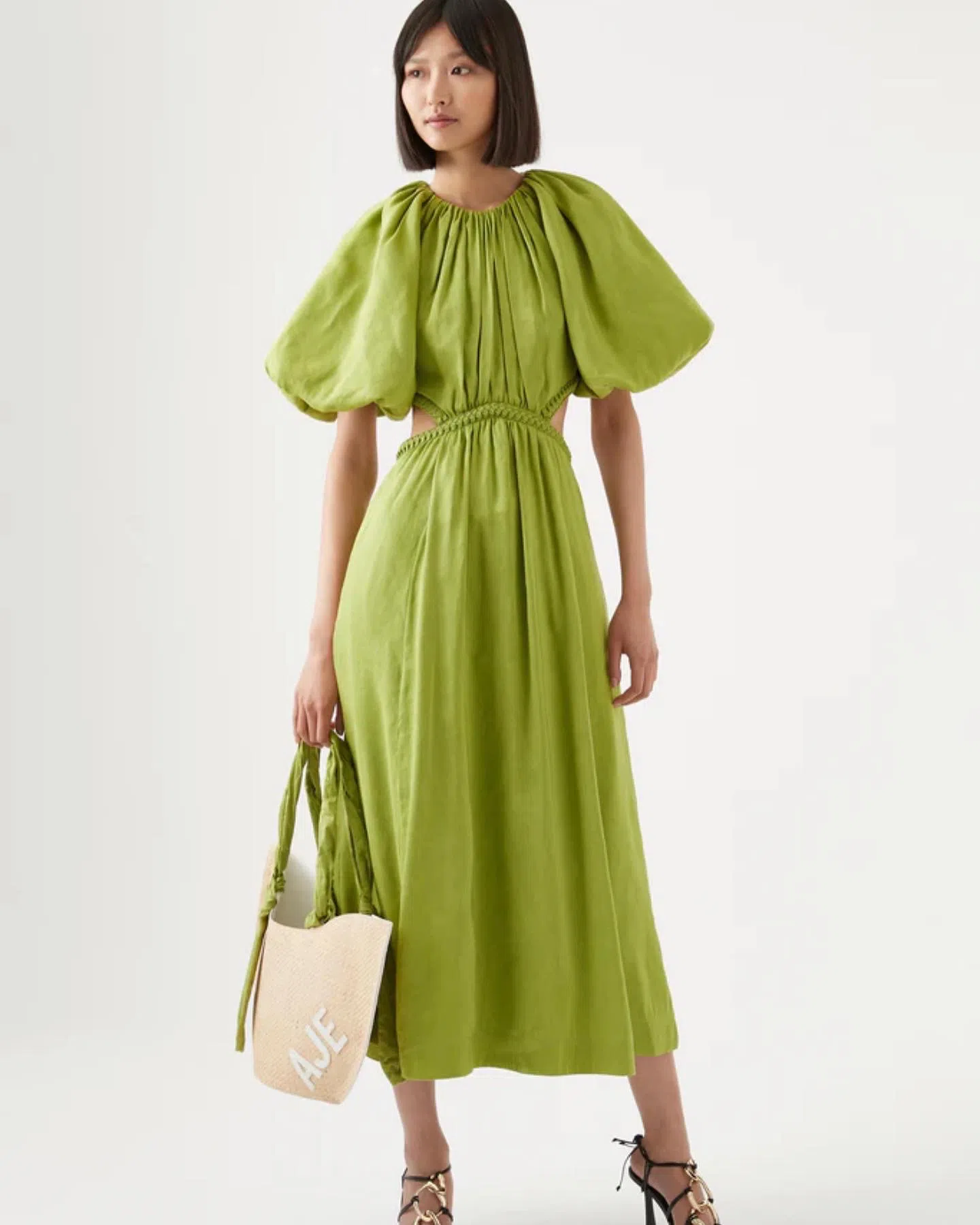 Aje Capucine Puff Sleeve Midi Dress Verdant Green Size 16 | The Volte