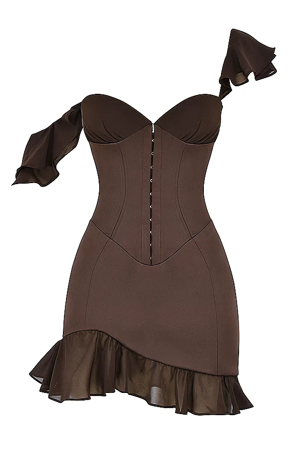 House of CB Dionne Espresso Ruffle Corset Mini Dress Brown