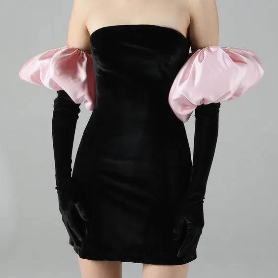 black dress pink gloves Gothic Black And Pink Beaded Wedding Dress With Gloves