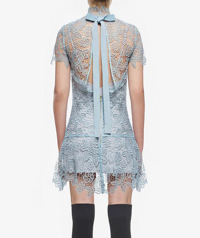 Self Portrait Peep Back Floral Lace Mini Dress Light Blue Size 10 | The  Volte