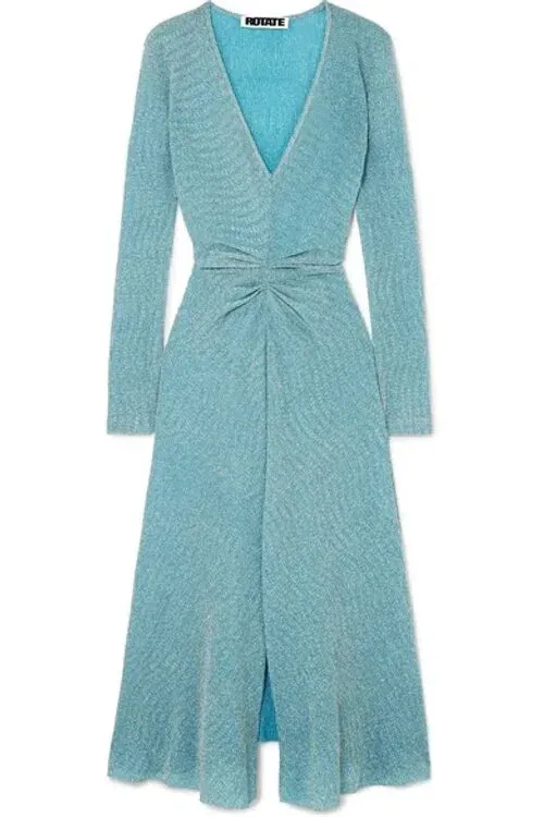 rotate birger christensen gathered metallic stretch knit midi dress Rotate Birger Christensen Metallic Midi Dress In Purple