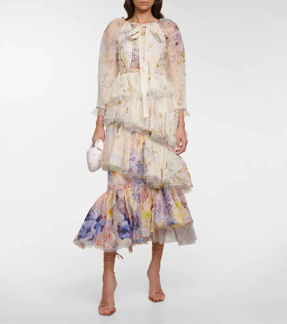 Zimmerman Rhythmic Asymmetric Organza Midi Dress Floral Size 1/Au 10