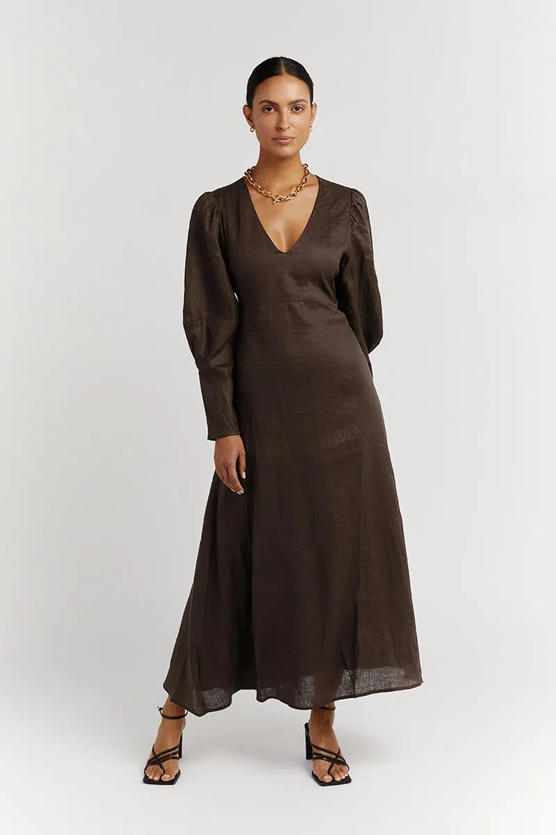 DISSH Wynn Dark Choc Linen Midi Dress Brown Size 8 | The Volte
