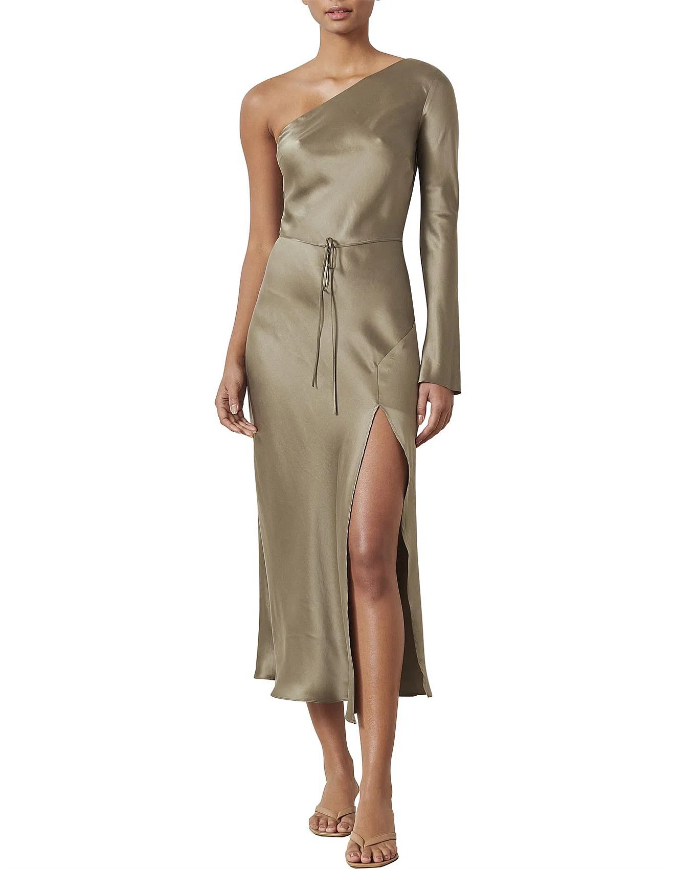 Bec & Bridge Classic Silk Asym Midi Dress Khaki Size 8 | The Volte