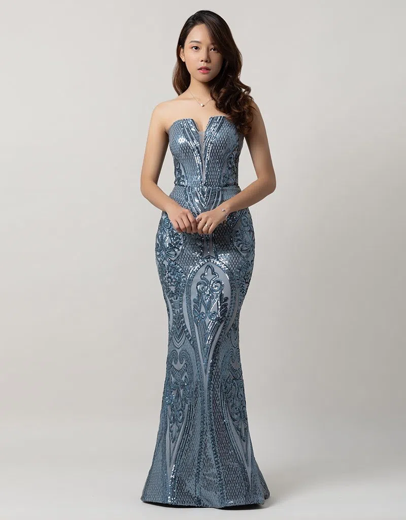 Bariano Maia Strapless Pattern Sequin Gown In Antique Blue Size 10 | The  Volte