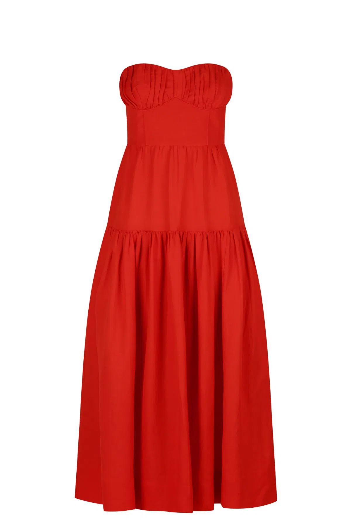 Shona Joy Jules Linen Strapless Ruched Midi Dress in Lipstick Red Size 8 /  S | The Volte