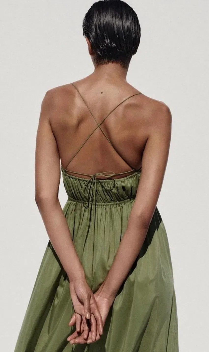matteau green shirred maxi dress Cami Size 8 Illusion Mesh