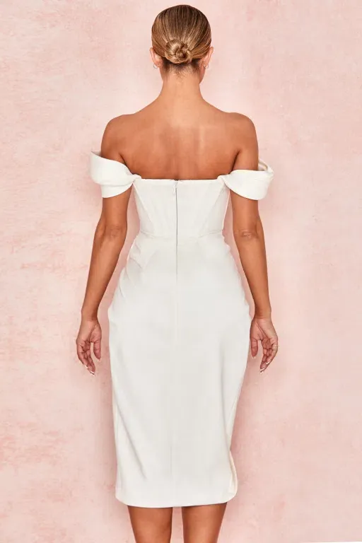 house of cb loretta dress ivory HOUSE OF CB Loretta Ivory White Corset Bustier Off Shoulder Draped Satin  Dress