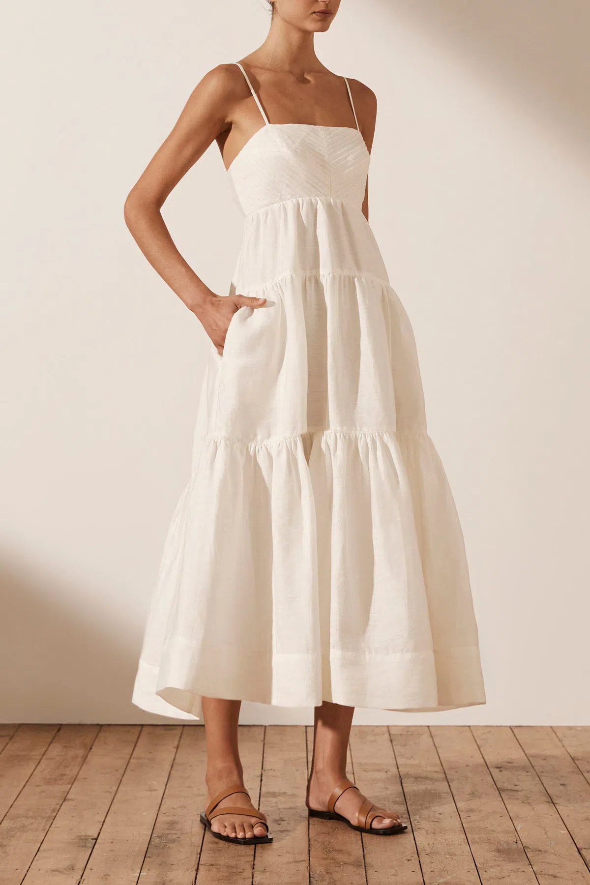 Shona Joy Maya Linen Pin Tuck Open Back Tiered Midi Dress White Size AU 8 |  The Volte